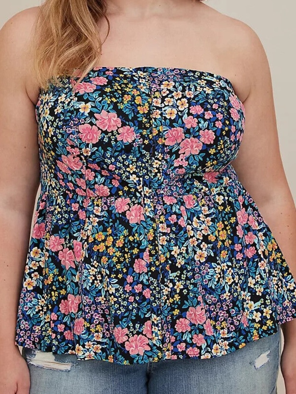 M/L‎ pink Floral multi strapless sleeveless summer peplum tropical lace corset